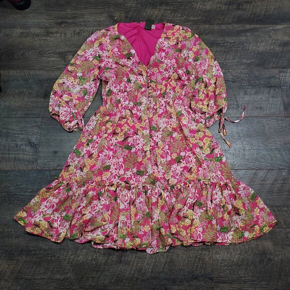 Flowers Dresses & Skirts - Fairycore Taylor Pink Floral 3/4 Sleeve V-Neck Button Ruffle Smocked Mini Dress